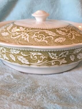 J&G Meaking White Covered Serving Dish with Green Leaf Scroll Pattern
